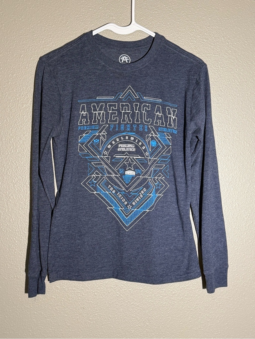 American Fighter Navy Blue Long Sleeve Tee with Geometric Chest Graphic